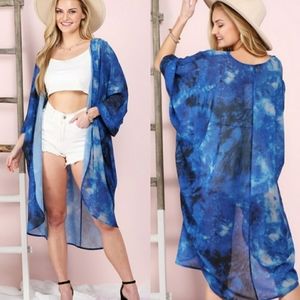 Blue Tie Dye Open Kimono Beach Cover Up Navy Tie Dye S/M